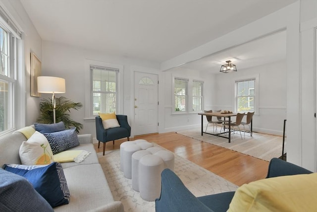 living room featuring baseboards and light wood-style floors