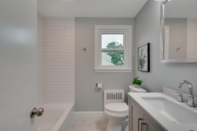 bathroom featuring toilet, radiator, shower / washtub combination, baseboards, and vanity