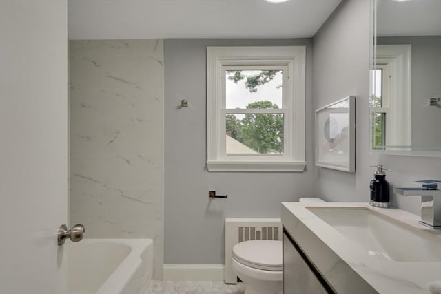 full bath with radiator, toilet, baseboards, and vanity