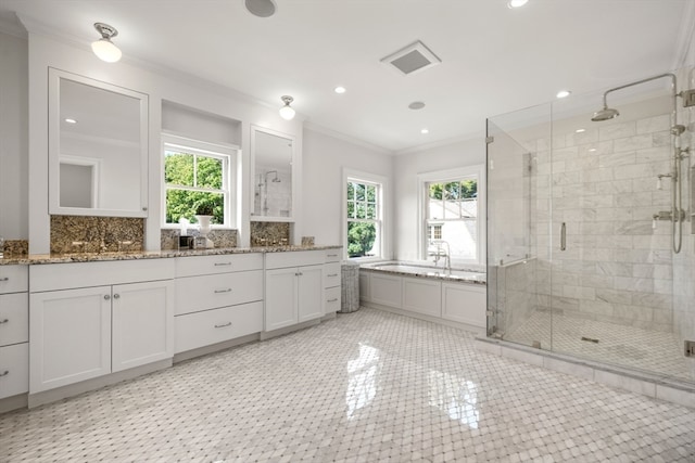 bathroom with ornamental molding, vanity, plus walk in shower, and plenty of natural light