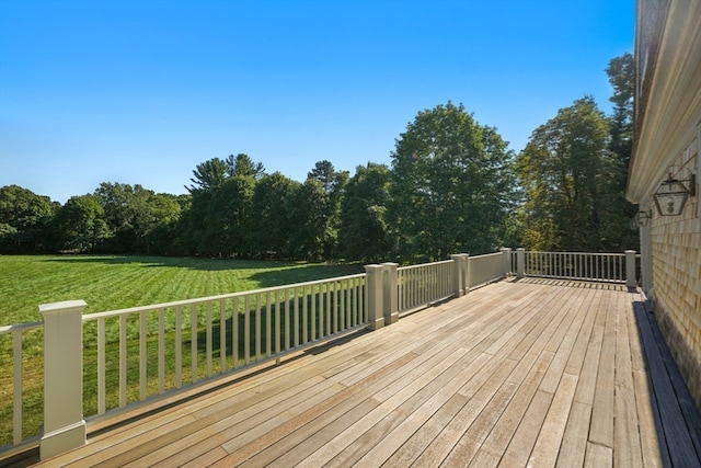 wooden terrace with a lawn