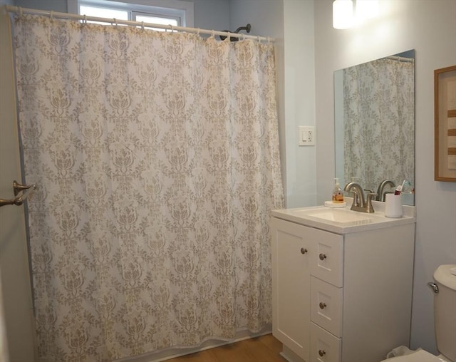 bathroom featuring wood finished floors, toilet, and vanity