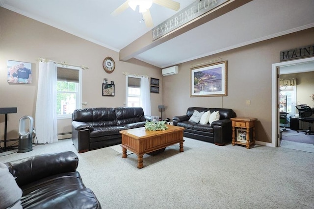 49 Branch St Unit 49, Clinton, MA 01510 - living area featuring an AC wall unit, carpet floors, a baseboard radiator, and a ceiling fan