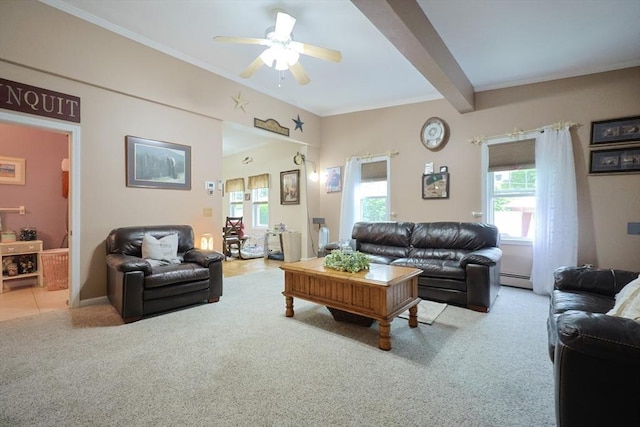 49 Branch St Unit 49, Clinton, MA 01510 - carpeted living room with plenty of natural light, a ceiling fan, a baseboard radiator, and beamed ceiling