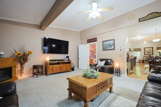 49 Branch St Unit 49, Clinton, MA 01510 - living area featuring light carpet, ceiling fan, ornamental molding, and beamed ceiling