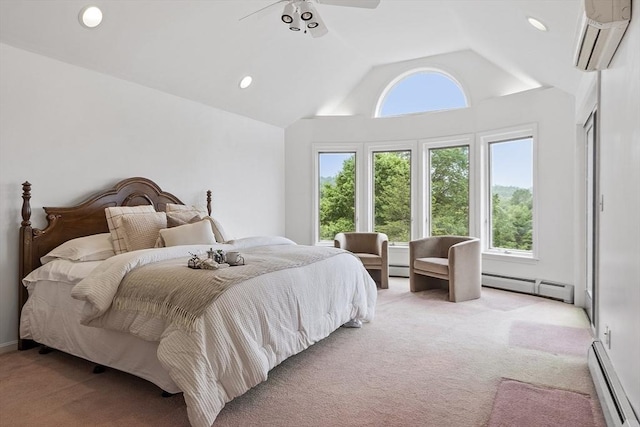 52 S Nelson Rd, Sterling, MA 01564 - bedroom with an AC wall unit, a baseboard heating unit, light colored carpet, vaulted ceiling, and recessed lighting