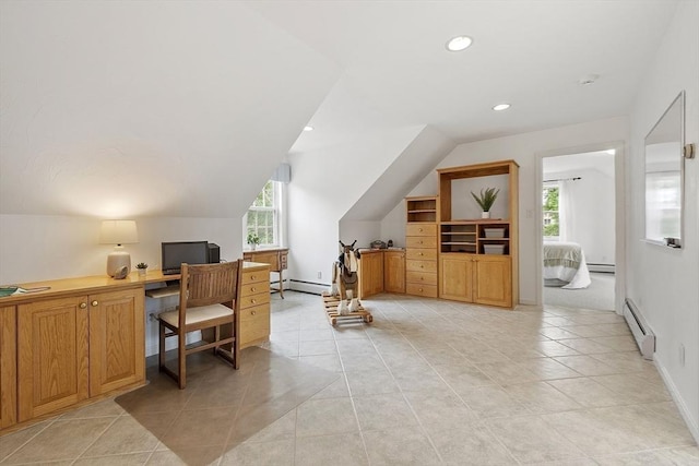 52 S Nelson Rd, Sterling, MA 01564 - office area featuring baseboard heating, a baseboard radiator, recessed lighting, vaulted ceiling, and light tile patterned floors