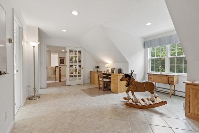 52 S Nelson Rd, Sterling, MA 01564 - office area featuring baseboard heating, recessed lighting, lofted ceiling, and light tile patterned floors