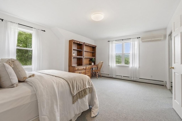 52 S Nelson Rd, Sterling, MA 01564 - bedroom with a baseboard heating unit, an AC wall unit, multiple windows, and light carpet