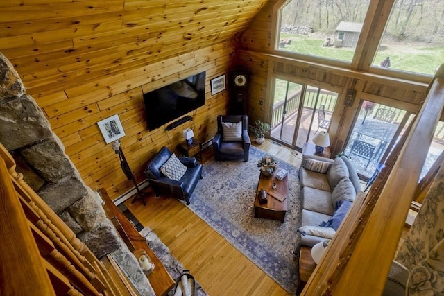 living area with lofted ceiling, wood finished floors, and wooden walls