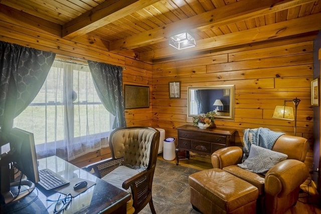 office featuring wooden walls, beamed ceiling, and wood ceiling