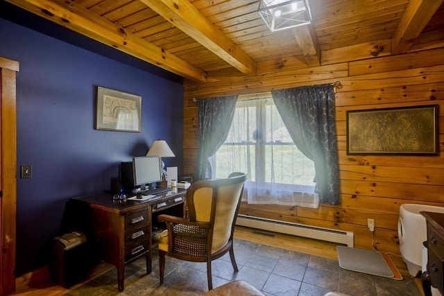 tiled office with wood ceiling, beamed ceiling, wood walls, and baseboard heating