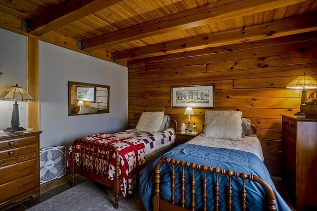bedroom featuring wood ceiling, wood walls, beam ceiling, and wood finished floors