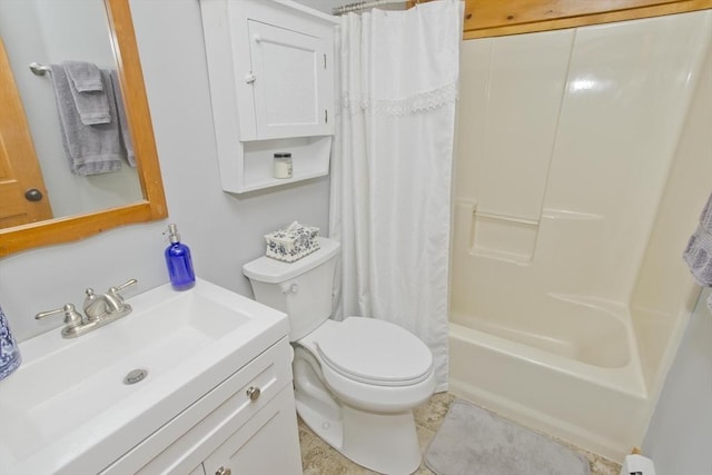 full bathroom with toilet, shower / bath combo, and vanity