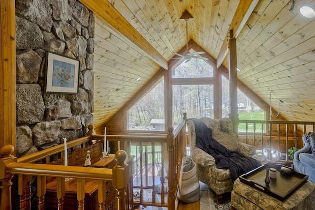 interior space featuring wood finished floors, high vaulted ceiling, beam ceiling, and wooden ceiling