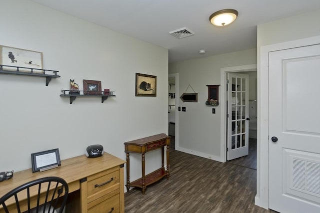 office featuring visible vents, dark wood-style flooring, and baseboards