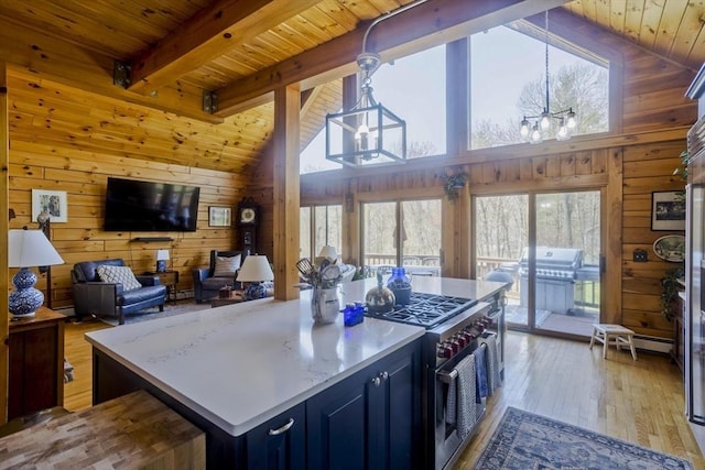 kitchen with light wood finished floors, high vaulted ceiling, wood walls, wooden ceiling, and high end stainless steel range oven
