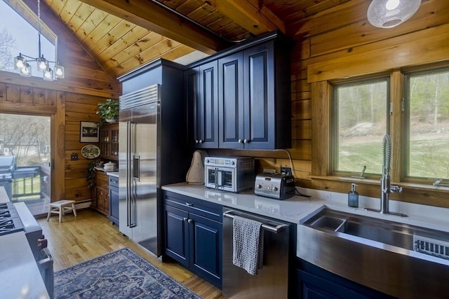 kitchen featuring wood ceiling, high quality appliances, a sink, lofted ceiling with beams, and wooden walls