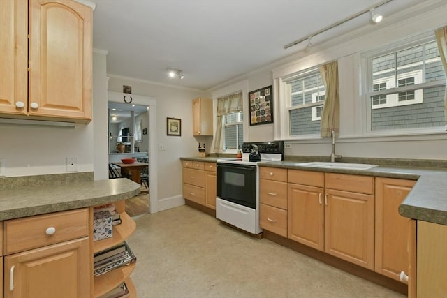 11 Goodway Rd Unit 1, Boston, MA 02130 - kitchen featuring white range with electric stovetop, dark countertops, and light brown cabinetry