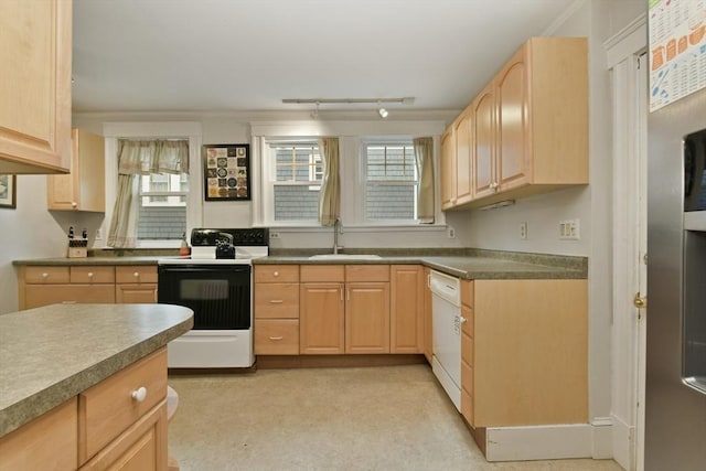 11 Goodway Rd Unit 1, Boston, MA 02130 - kitchen with white appliances, light brown cabinets, and rail lighting