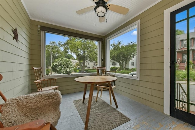 11 Goodway Rd Unit 1, Boston, MA 02130 - sunroom / solarium featuring hardwood / wood-style floors, wooden walls, and a ceiling fan