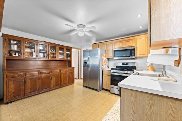 kitchen featuring appliances with stainless steel finishes, sink, and ceiling fan