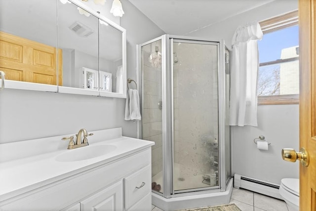 bathroom featuring baseboard heating, tile patterned floors, toilet, and a shower with shower door