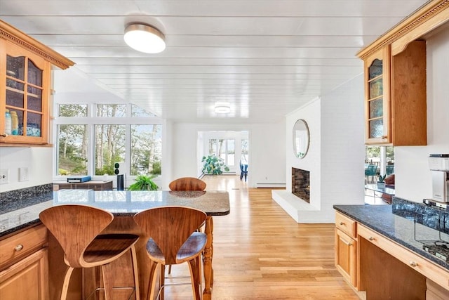 kitchen with a kitchen bar, light hardwood / wood-style flooring, a multi sided fireplace, dark stone counters, and a baseboard heating unit