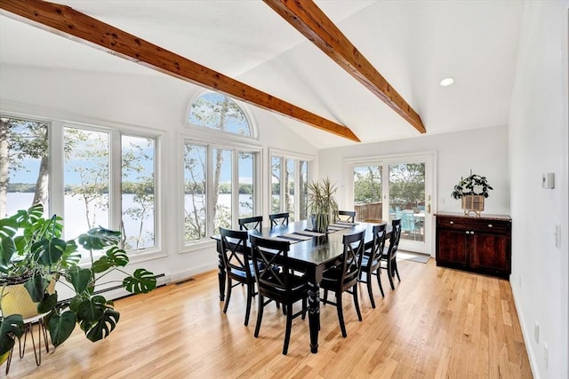 sunroom / solarium featuring lofted ceiling with beams, a baseboard radiator, and a water view