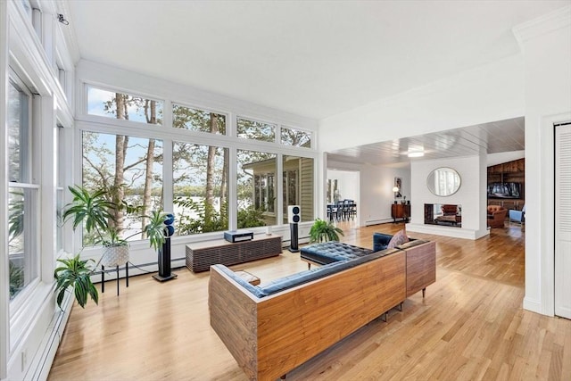 living room featuring light hardwood / wood-style floors, baseboard heating, and a multi sided fireplace