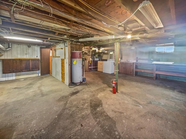 unfinished below grade area with water heater and washer and dryer