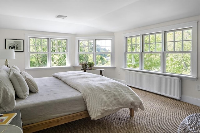 14 Dodges Row, Wenham, MA 01984 - carpeted bedroom featuring radiator heating unit, multiple windows, baseboards, and lofted ceiling