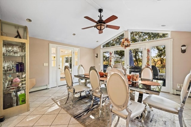 tiled dining space featuring french doors, ceiling fan, lofted ceiling with beams, and a baseboard heating unit