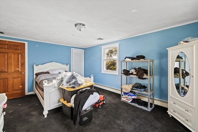 carpeted bedroom with ornamental molding and baseboard heating