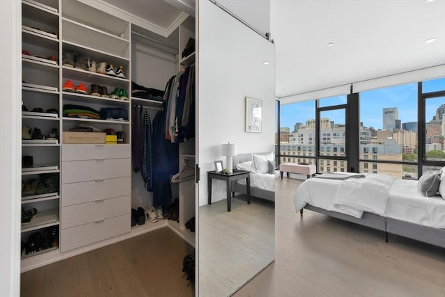 bedroom with a view of skyline, wood finished floors, a closet, and a wall of windows