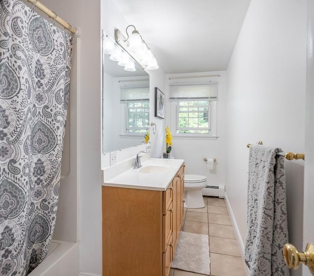 143 Davis St, Northborough, MA 01532 - bathroom featuring a baseboard radiator, toilet, tile patterned floors, vanity, and baseboards