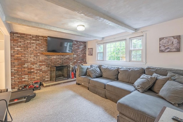 143 Davis St, Northborough, MA 01532 - carpeted living room with beamed ceiling and a fireplace
