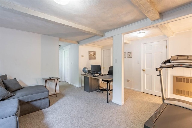 143 Davis St, Northborough, MA 01532 - home office with beamed ceiling, light colored carpet, baseboards, and radiator