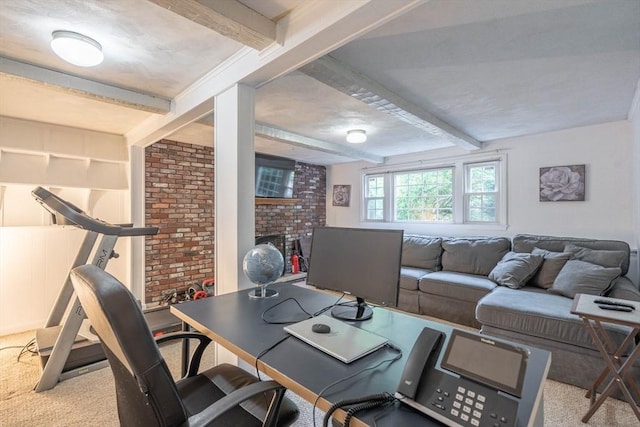 143 Davis St, Northborough, MA 01532 - carpeted office featuring beam ceiling and a brick fireplace