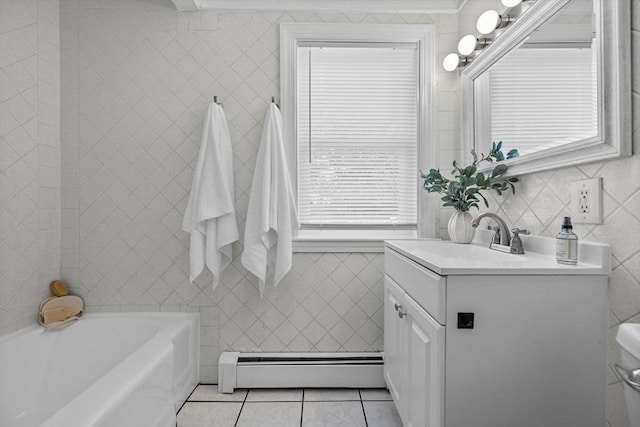 213 Thurston St, Wrentham, MA 02093 - bathroom featuring tile walls, baseboard heating, tile patterned floors, vanity, and a tub