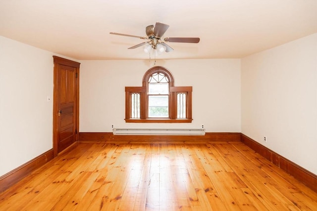 empty room featuring ceiling fan, light hardwood / wood-style floors, and a baseboard heating unit