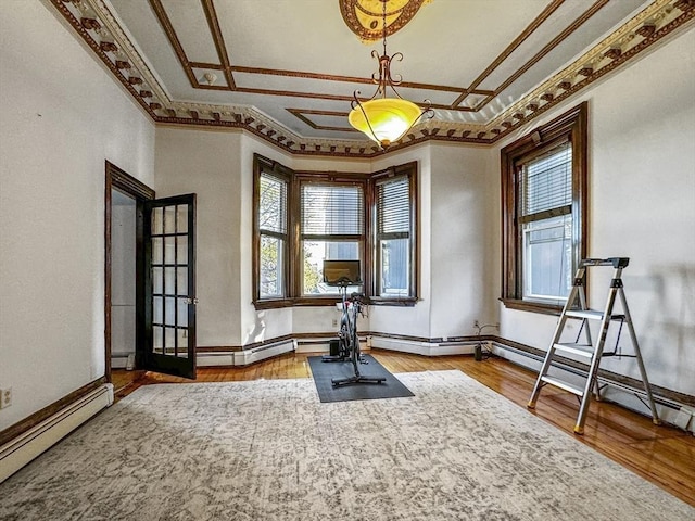 exercise room with a baseboard heating unit, ornamental molding, and wood-type flooring