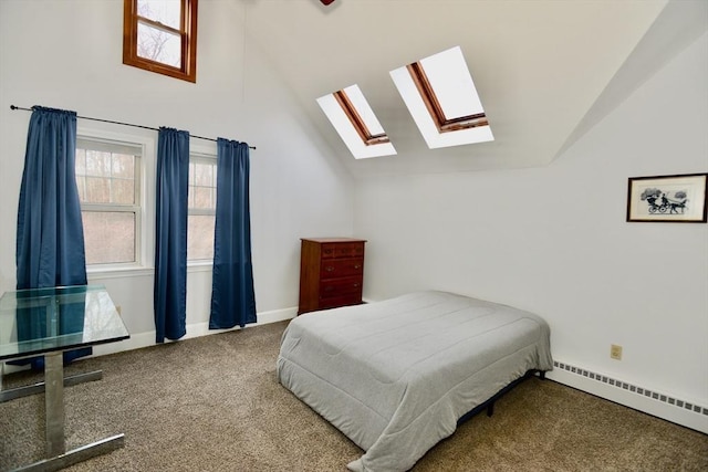 bedroom featuring a baseboard heating unit, carpet floors, and lofted ceiling