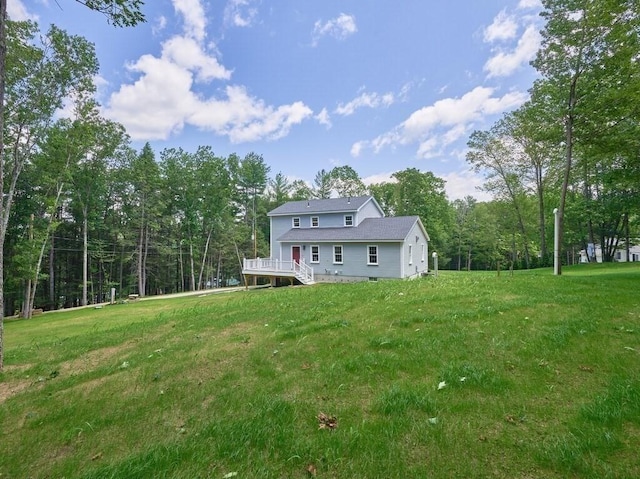 128 Old Southbridge Rd, Dudley, MA 01571 - back of house with a deck, a yard, stairway, and a wooded view