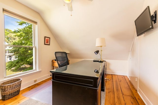 38 Davis St, Plymouth, MA 02360 - home office with vaulted ceiling, light wood-style flooring, a ceiling fan, and baseboards