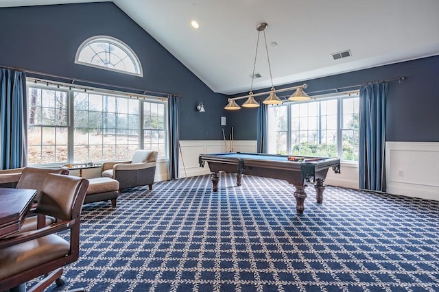 21 Cielo Dr, Dover, NH 03820 - recreation room featuring wainscoting, carpet flooring, healthy amount of natural light, high vaulted ceiling, and billiards table