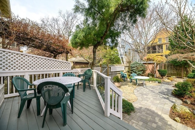 deck featuring outdoor dining area and a fenced backyard