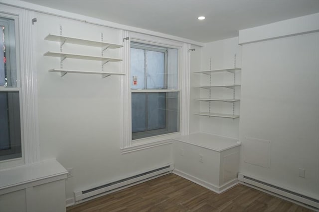 mudroom featuring a baseboard radiator, recessed lighting, and dark wood finished floors