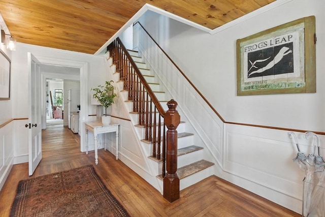 4 Porter St, Granby, MA 01033 - stairs featuring wood ceiling, crown molding, and wood finished floors