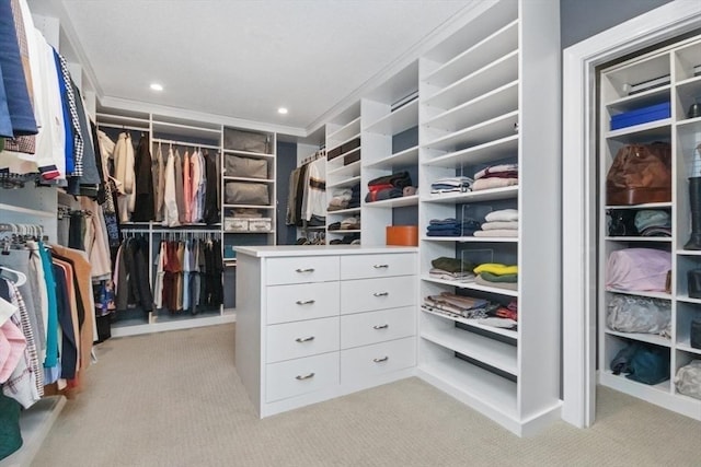 walk in closet with light carpet